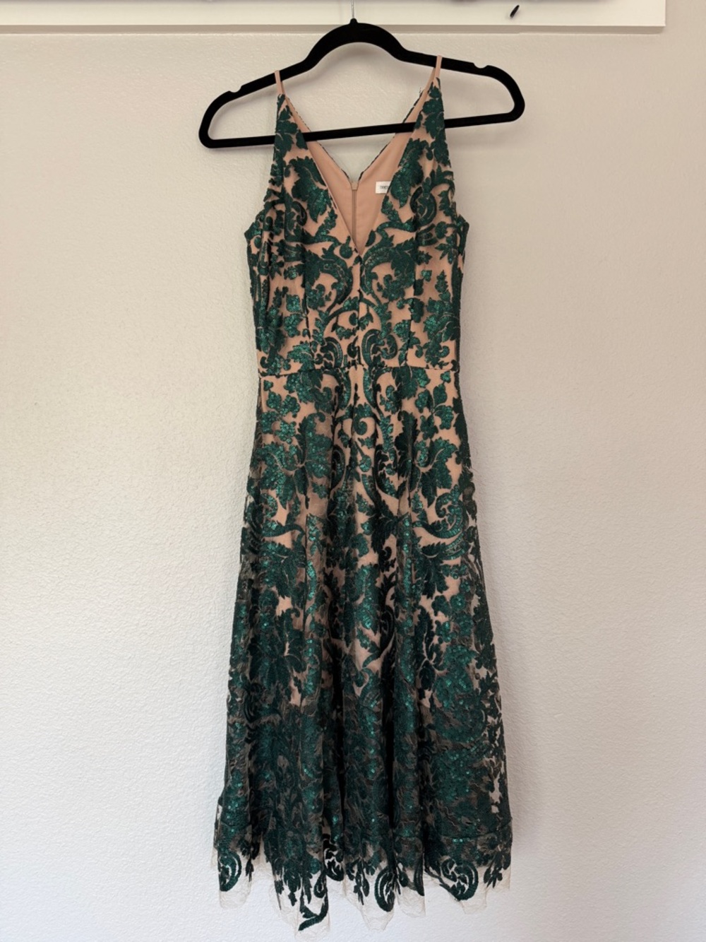 Dress the Population Emerald Green Lace Midi Dress with Nude Base
